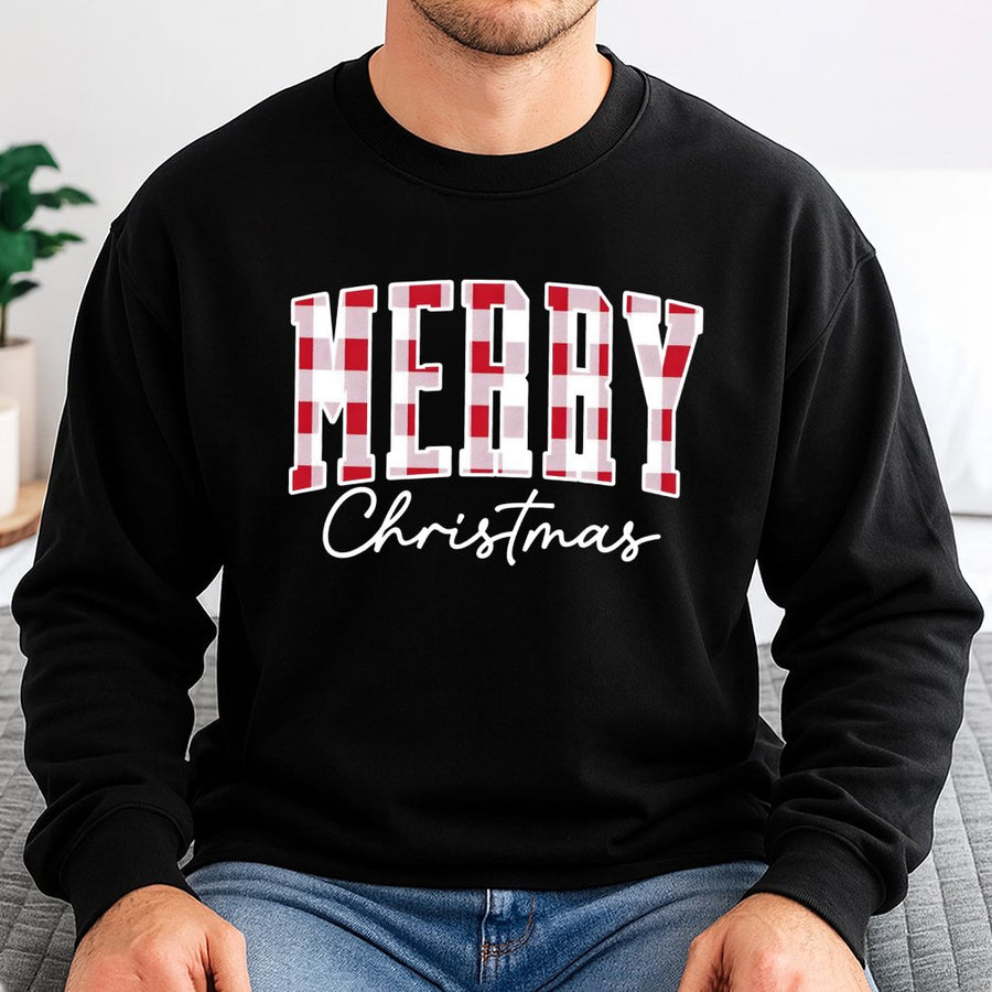 Merry Christmas Sweatshirt | Retro Buffalo Plaid Holiday Graphic | Premium Cotton Blend Unisex Pullover | Festive Winter Gift For Men And Women