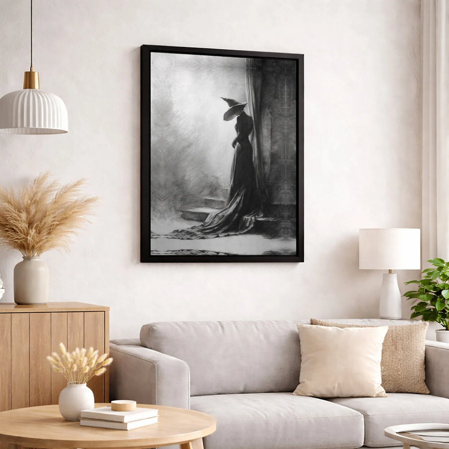 Gothic Witch Canvas Wall Art | Charcoal Sketch Portrait | Premium Gallery Wrap Print | Dark Academia Home Decor Gift