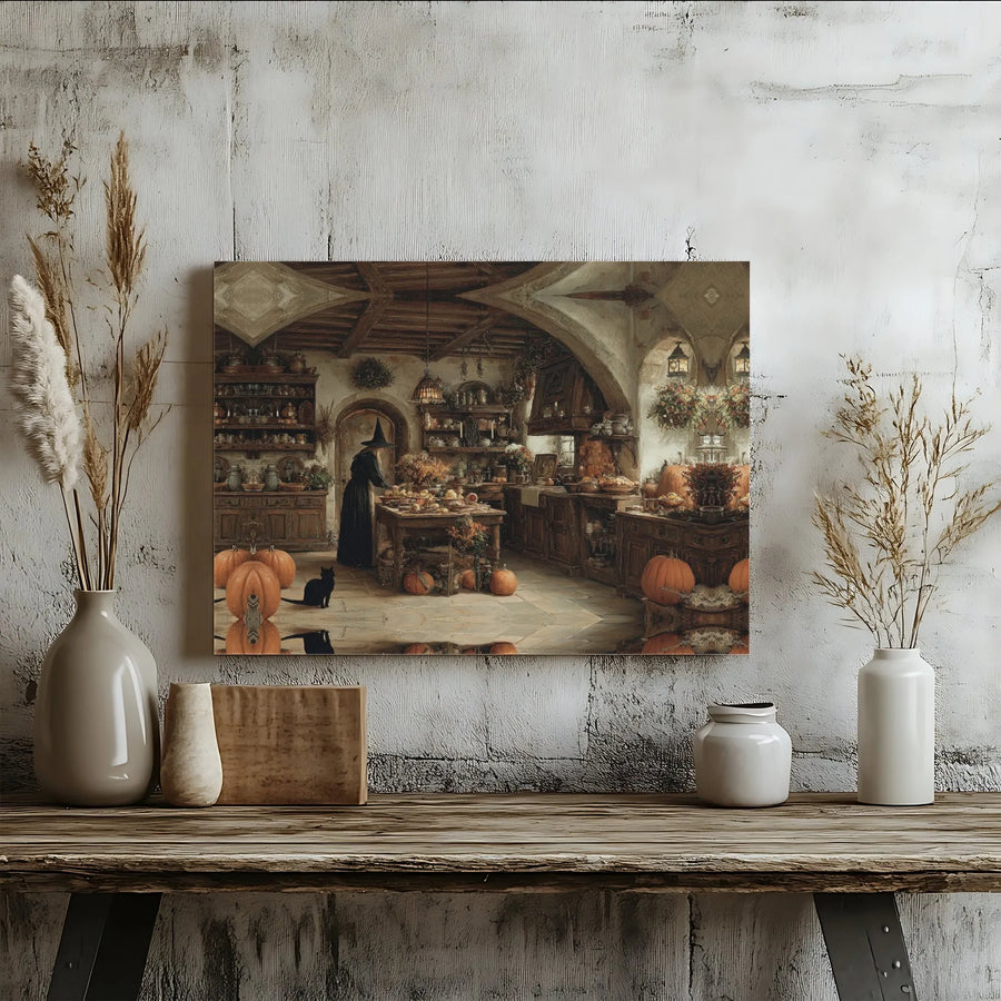 Witch Kitchen Wall Art | Autumn Pumpkin and Black Cat Decor | Gallery-Wrapped Canvas Print | Spooky Fall Home Gift for Halloween Enthusiasts