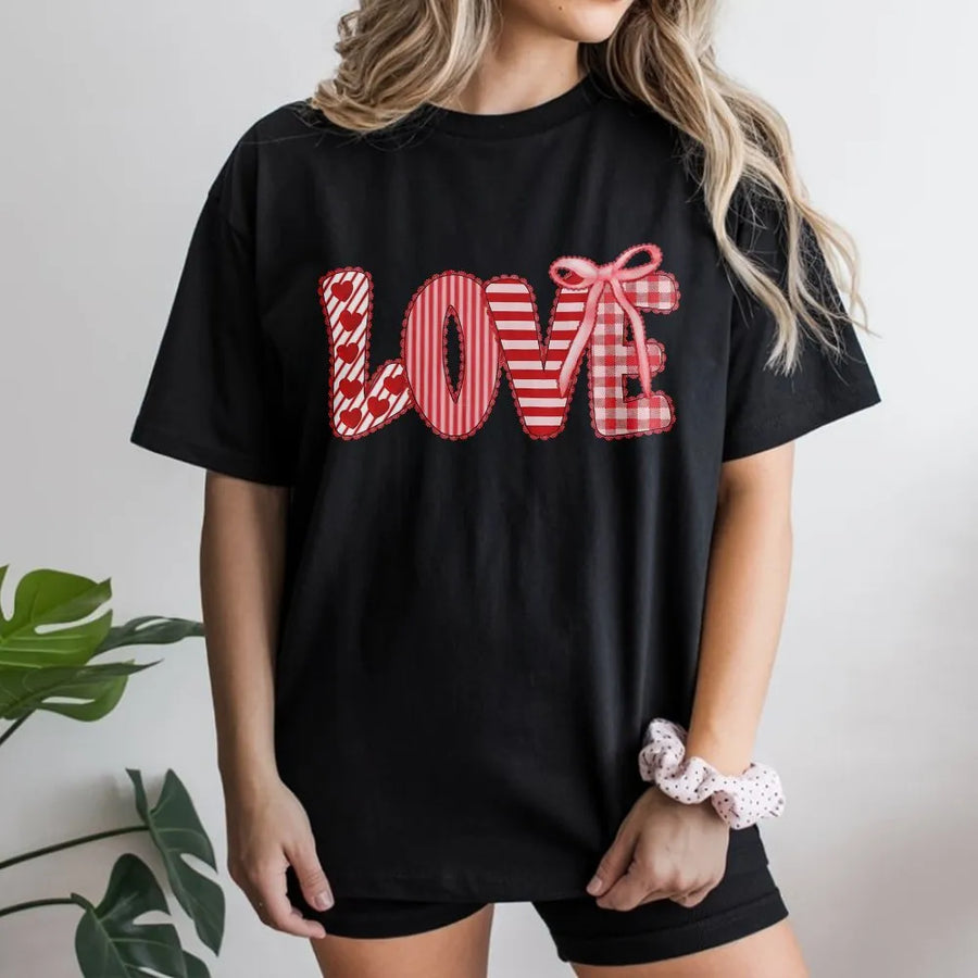 Love Valentine T-Shirt | Cute Coquette Aesthetic Patchwork Heart Gingham Bow Graphic | Premium Soft Cotton | Romantic Gift for Her & Couples