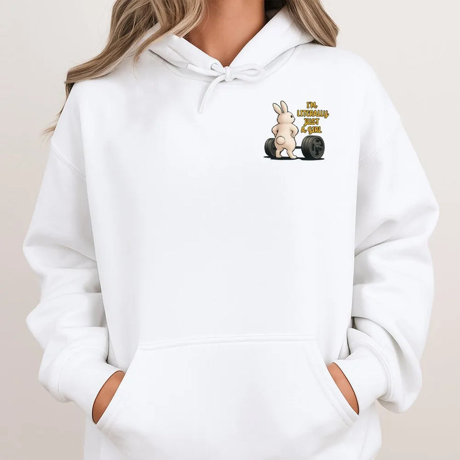 Literally Just a Girl Hoodie | Cute Bunny Lifting Graphic | Premium Soft Cotton | Funny Gym Gift for Women Who Lift