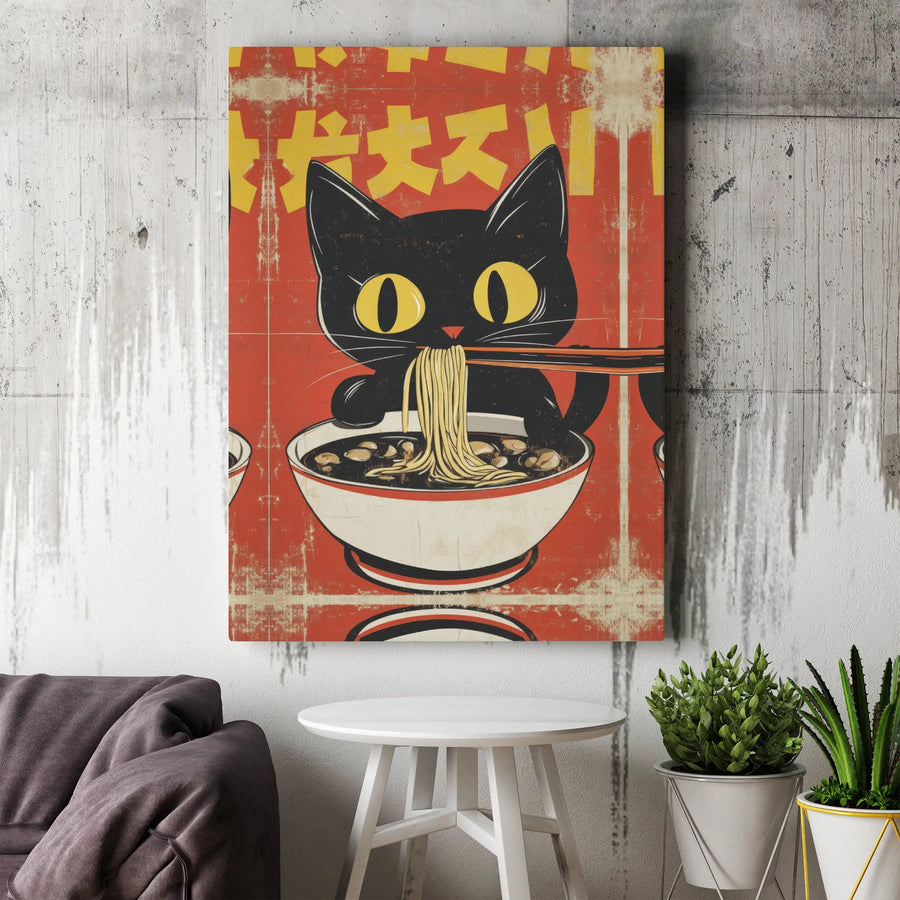 Black Cat Ramen Canvas Art | Vintage Japanese Poster Style Print | Premium 1.25-Inch Gallery Wrap | Cute Kitchen Decor Gift for Cat Lovers
