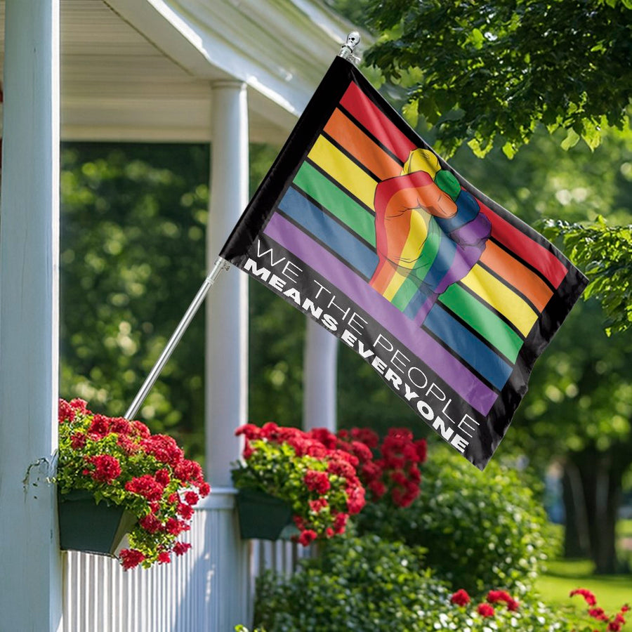 We The People Means Everyone House Flag | Pride Rainbow Fist Graphic | Durable Weather-Resistant Polyester | Inclusive Home Decor Gift