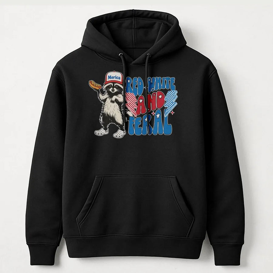Red White and Feral Hoodie | Funny Raccoon 4th of July Design | Premium Cotton Blend | Unisex Patriotic American Gift for Raccoon Lovers