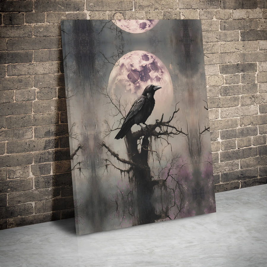 Gothic Raven Canvas Wall Art | Dark Forest Moon Silhouette | Premium 1.25-Inch Gallery Wrap | Spooky Home Decor Gift for Dark Academia Lovers