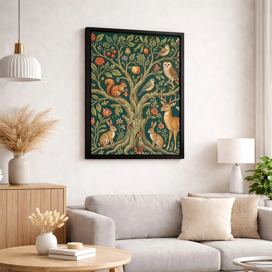 Tree Of Life Wall Art | Woodland Animal Deer Rabbit Owl Folk Art | Premium Gallery Canvas | Nature Lover Home Decor Gift