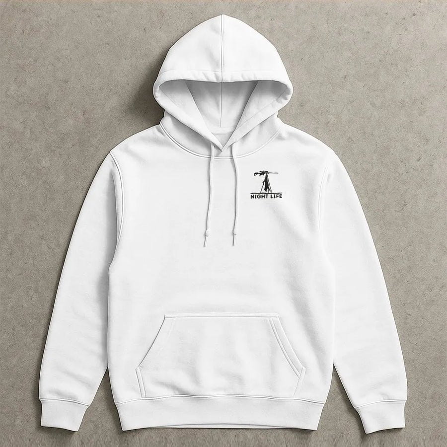 Night Life Hunting Hoodie | Tactical Rifle Tripod Graphic | Premium Cotton | Gift for Shooter or Veteran