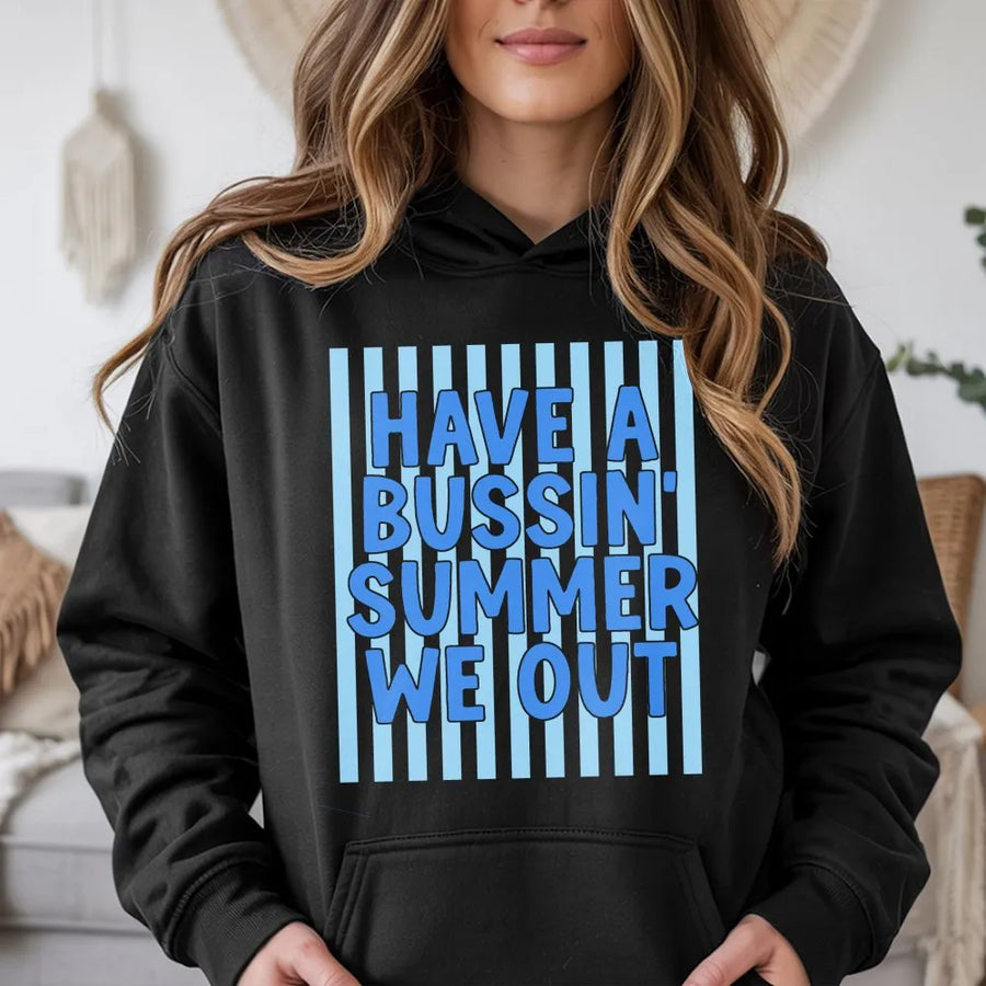Bussin Summer Hoodie | Funny Gen Z Slang We Out Quote Pullover | Premium Cotton-Blend | Last Day of School Gift for Teens