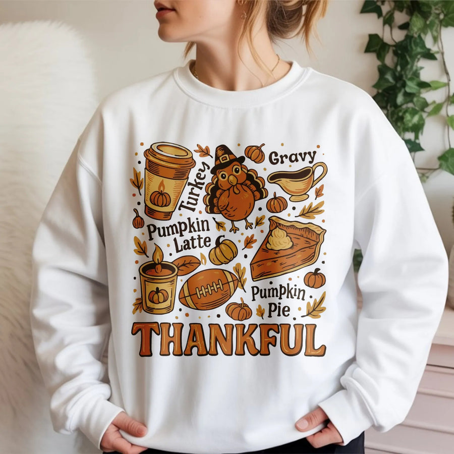 Thankful Thanksgiving Sweatshirt | Retro Fall Pumpkin Latte Turkey Graphic | Premium Cotton Blend | Cozy Autumn Gift For Women And Men