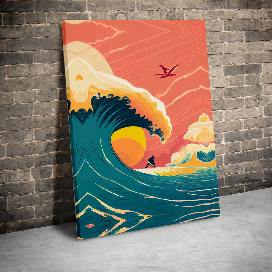 Surfing Ocean Wave Wall Art | Stylized Sunset Surfboard Print | 1.25 Inch Premium Gallery Canvas | Coastal Beach House Decor For Surfer Gift