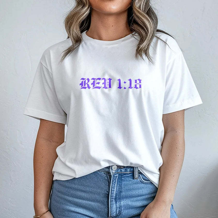 Revelation 1:18 T-Shirt | Gothic Lettering Bible Verse Graphic | 100% Cotton Premium Tee | Faith-Based Christian Gift for Men and Women