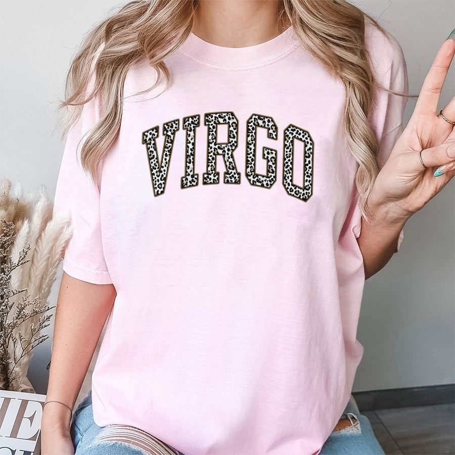 Virgo Zodiac T-Shirt | Leopard Print Varsity Lettering | 100% Cotton Premium Tee | Birthday Gift for Her and Astrology Lovers