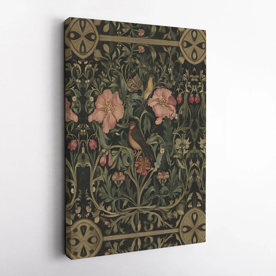 Arts and Crafts Floral Canvas Art | Vintage Bird and Pink Flower Botanical Print | Gallery Quality 1.25 Inch Thick Wrap | Elegant Home Decor Gift