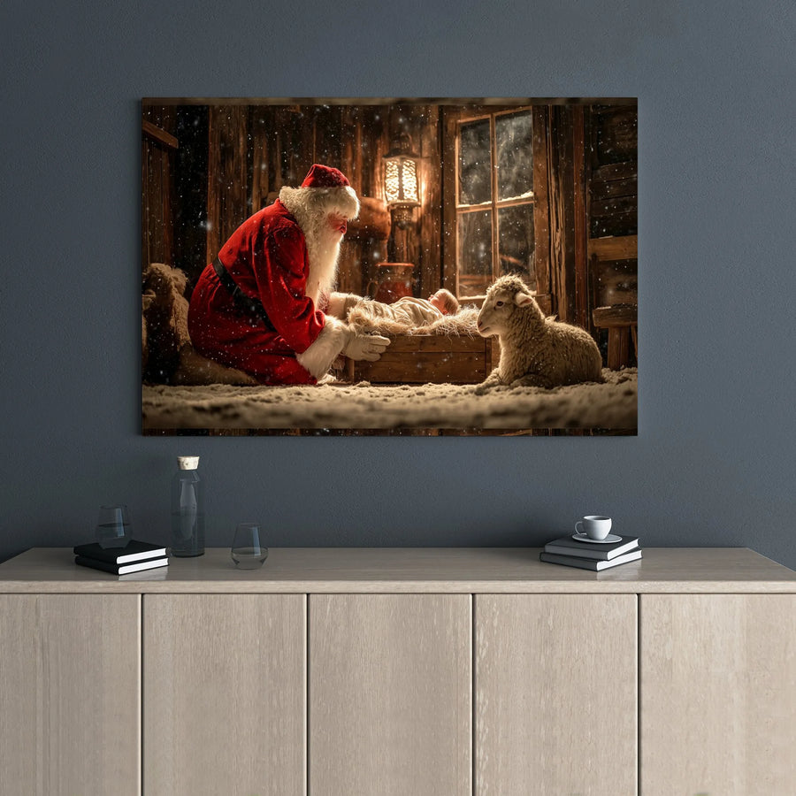 Nativity Canvas Wall Art | Santa Kneeling Before Baby Jesus | Premium Gallery Wrap Religious Holiday Decor | Christian Christmas Gift for Home