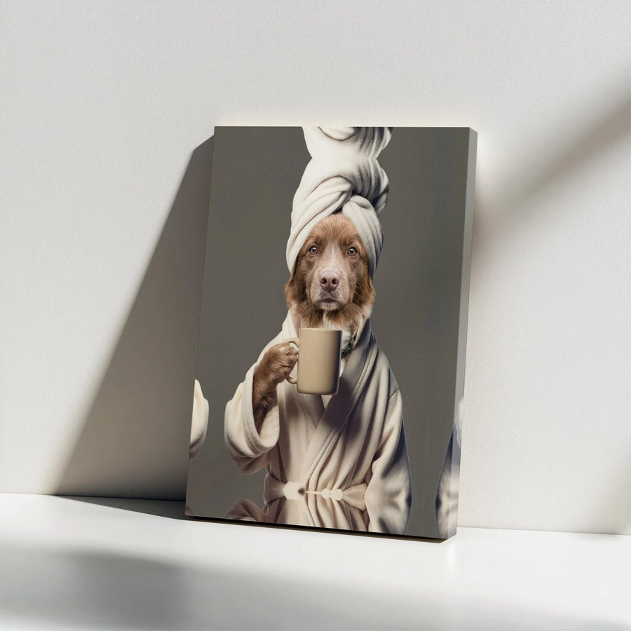Dog in Bathrobe Canvas Wall Art | Humorous Spa Dog Portrait | Thick Gallery Wrap Canvas | Gift for Dog Mom, Funny Bathroom Decor