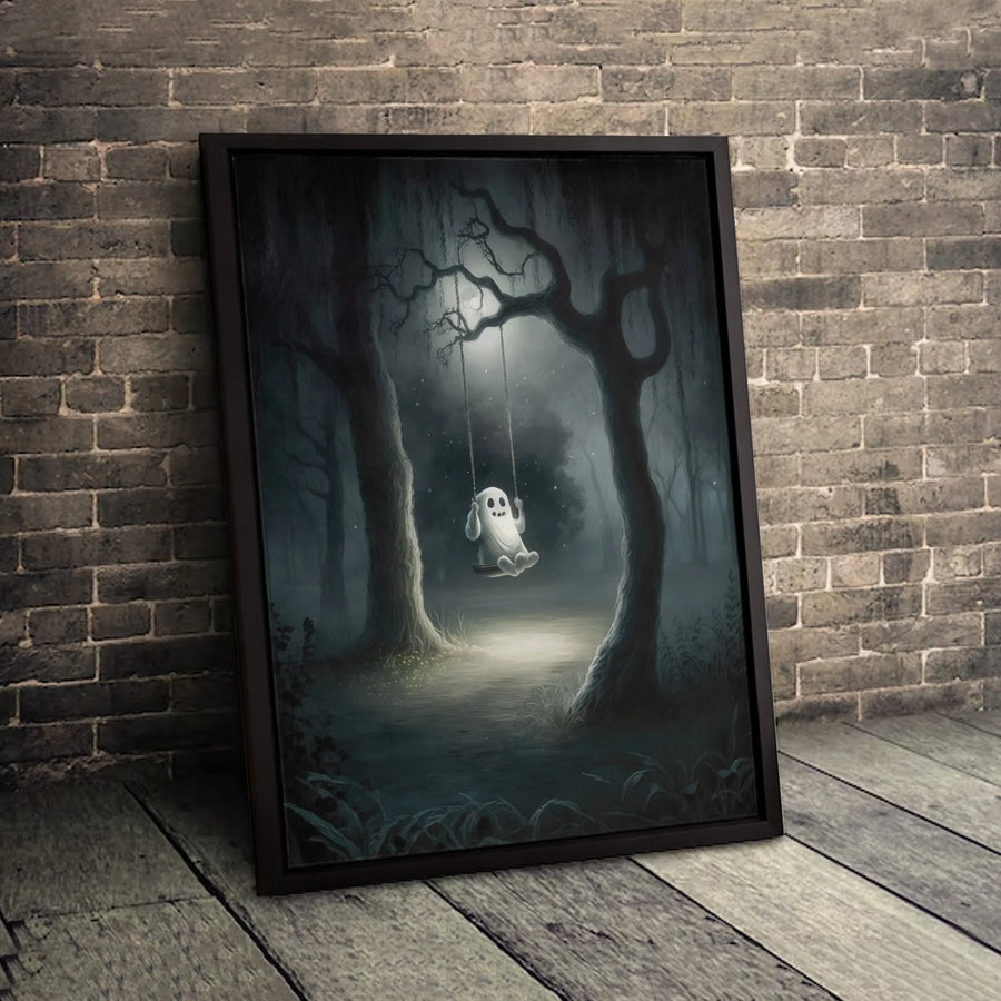 Cute Ghost Canvas Wall Art | Spooky Forest Swing Painting | Premium Gallery Wrapped Decor | Whimsical Halloween Home Gift