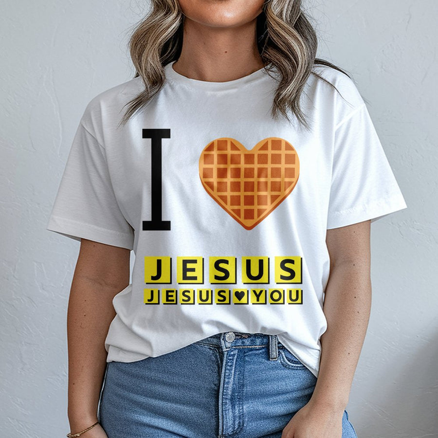 I Love Jesus Waffle T-Shirt | Christian Faith Graphic Tee | Premium Cotton Casual Apparel | Religious Gift for Men Women