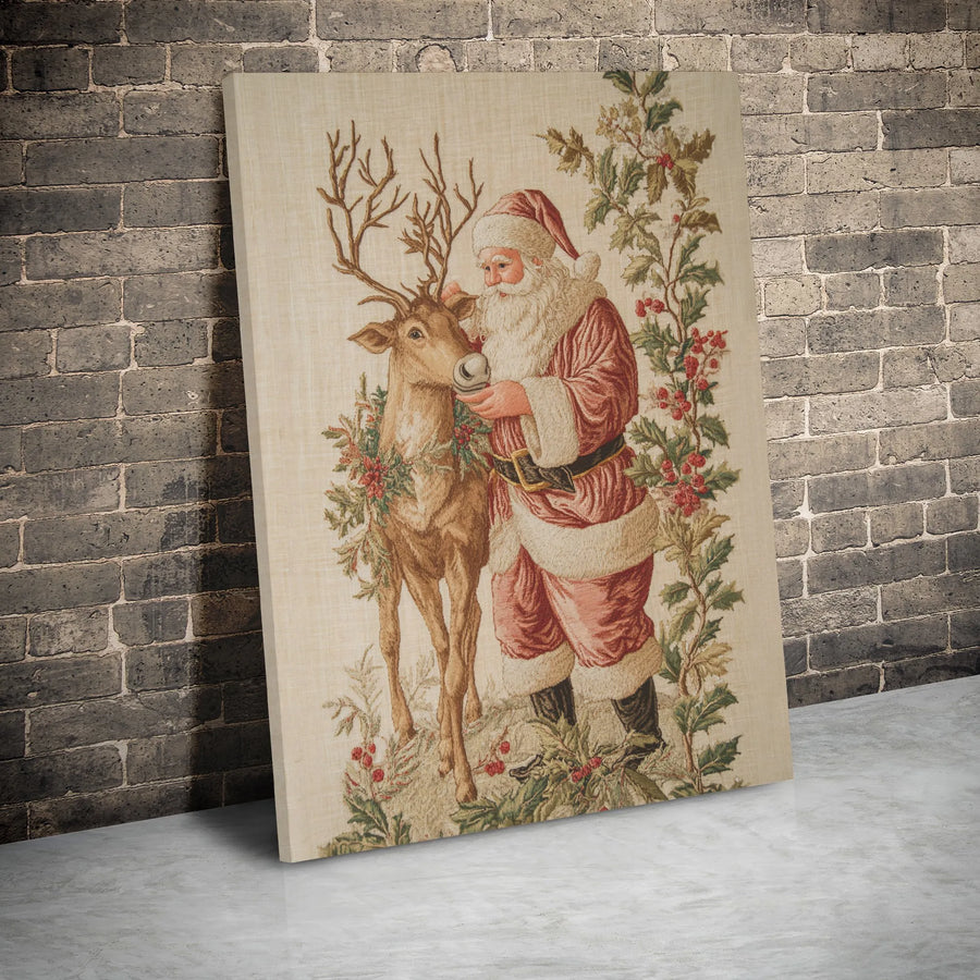 Vintage Santa With Reindeer Canvas Wall Art | Christmas Holly Wreath Illustration | Premium Gallery Wrap Print | Festive Holiday Home Decor Gift