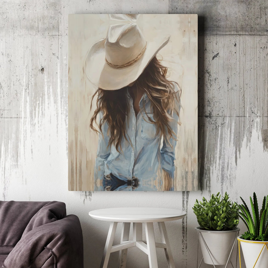 Cowgirl Canvas Wall Art | Impressionist Woman in Cowboy Hat | Premium Gallery-Wrapped Print | Western Home Decor for Bedroom or Living Room
