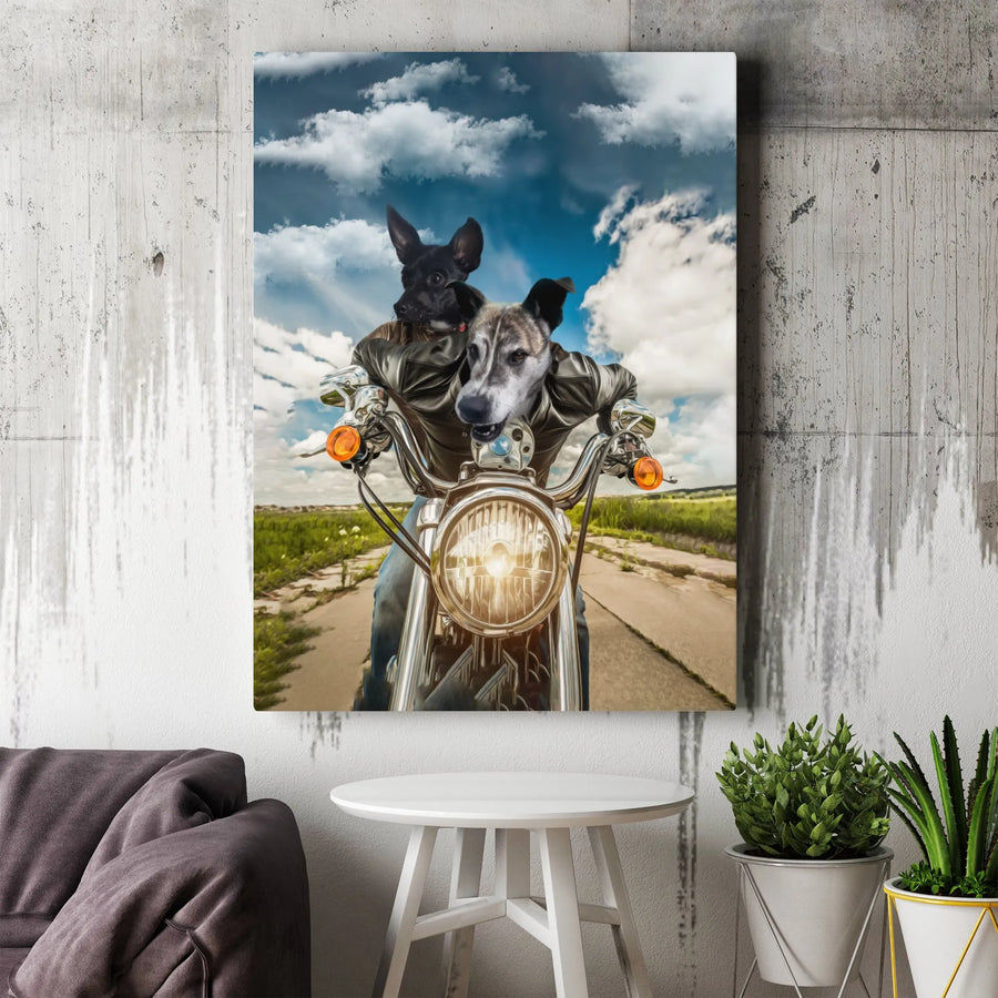 Dogs Riding Motorcycle Canvas Wall Art | Funny Biker Dogs in Leather Jackets | Gallery Wrap Premium Print | Unique Pet Lover Gift Decor