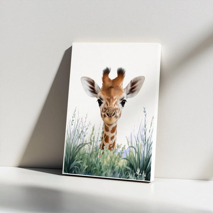 Baby Giraffe Canvas Wall Art | Watercolor Safari Animal Portrait | Premium Thick Gallery Canvas | Nursery Decor Gift for Kids