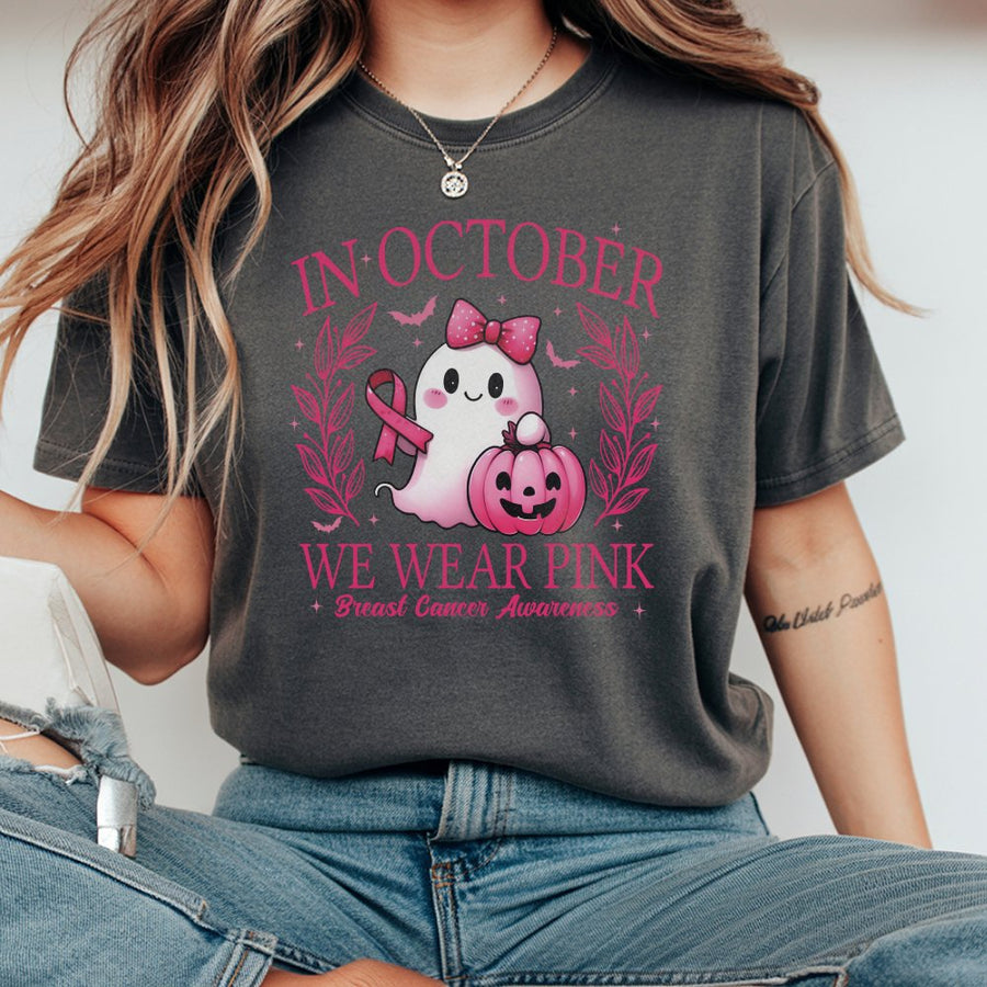 In October We Wear Pink T-Shirt | Breast Cancer Awareness Halloween Ghost Graphic | Premium 100% Cotton Tee | Gift for Women & Breast Cancer Survivors