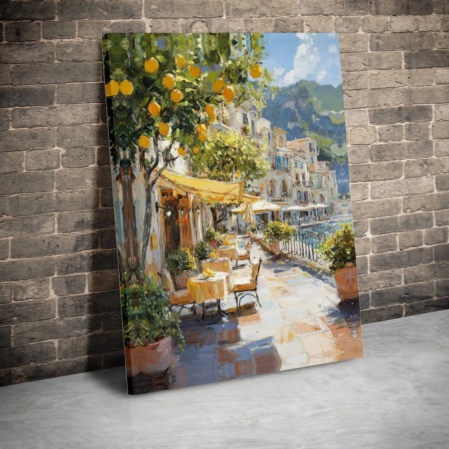 Italian Coast Canvas Wall Art | Impressionist Lemon Tree Cafe Painting | Thick Gallery Wrap Print | Premium Living Room Decor Gift