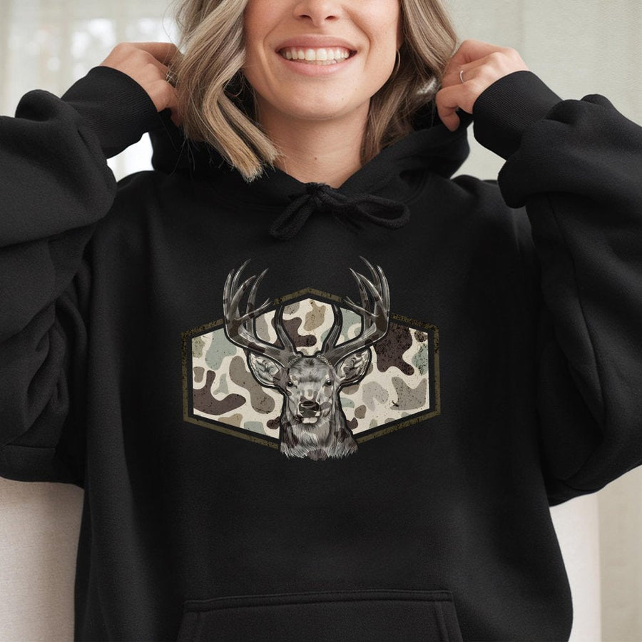 Deer Hunting Hoodie | Vintage Camo Stag Head Graphic | Premium Cotton Blend | Gift for Hunter, Dad, Outdoorsman