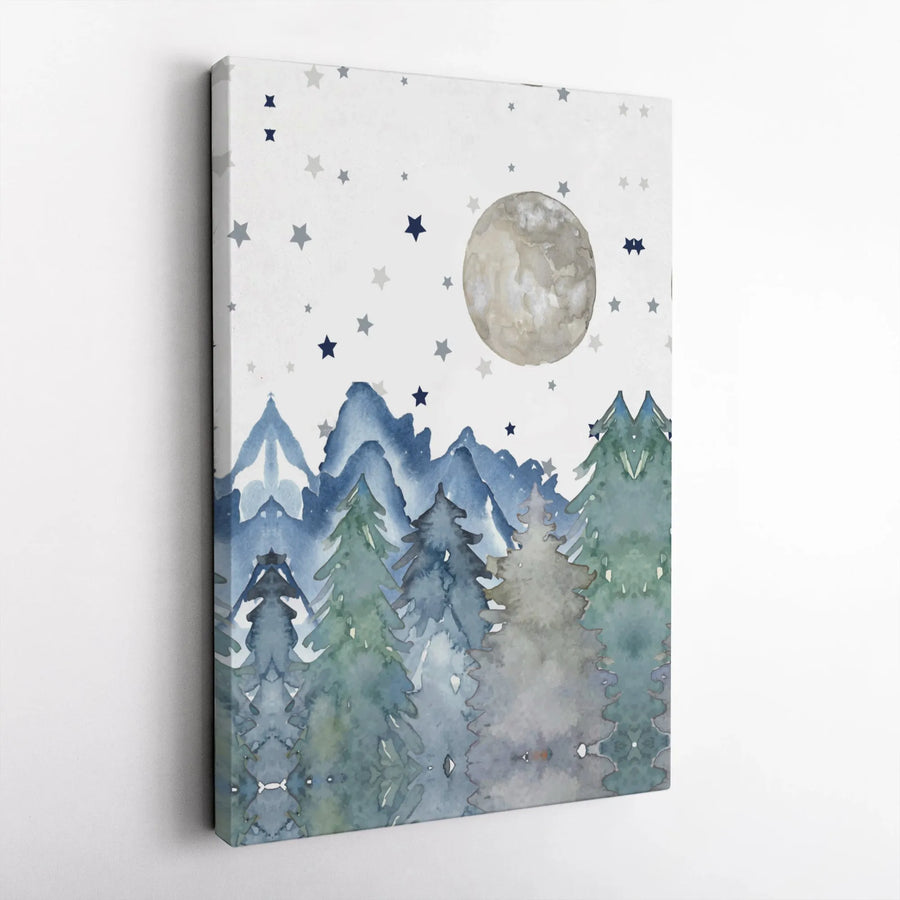 Watercolor Mountain Forest Wall Art | Moon and Stars Night Landscape | Gallery Wrapped Premium Canvas | Ready to Hang Nursery or Living Room Decor