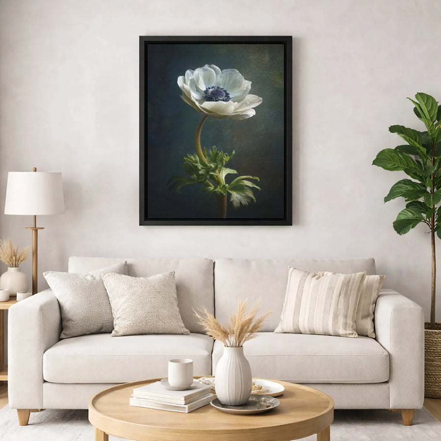 White Anemone Flower Wall Art | Dark Moody Botanical Still Life | Premium Gallery Canvas Print | Elegant Minimalist Home Decor Gift