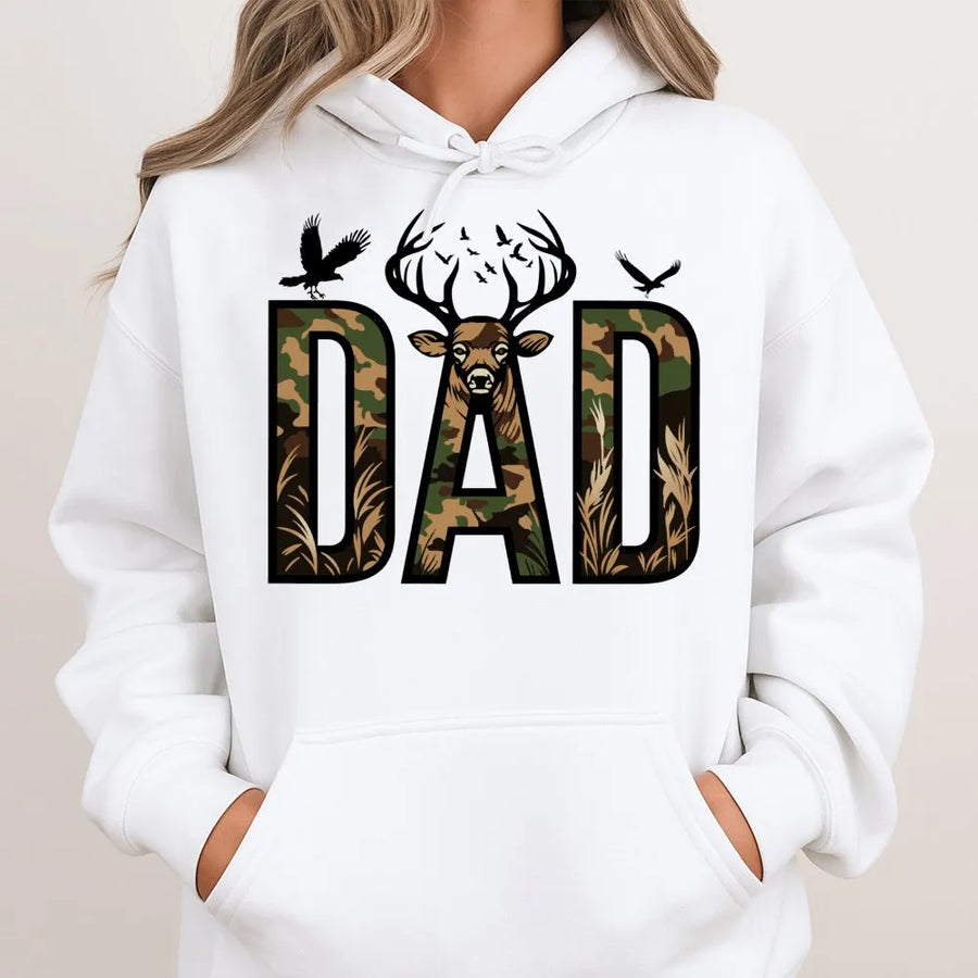 Hunter Dad Hoodie | Camo Deer Antler Graphic | Premium Cotton Blend | Best Hunting Gift for Him, Father's Day 2026 or Birthday Present