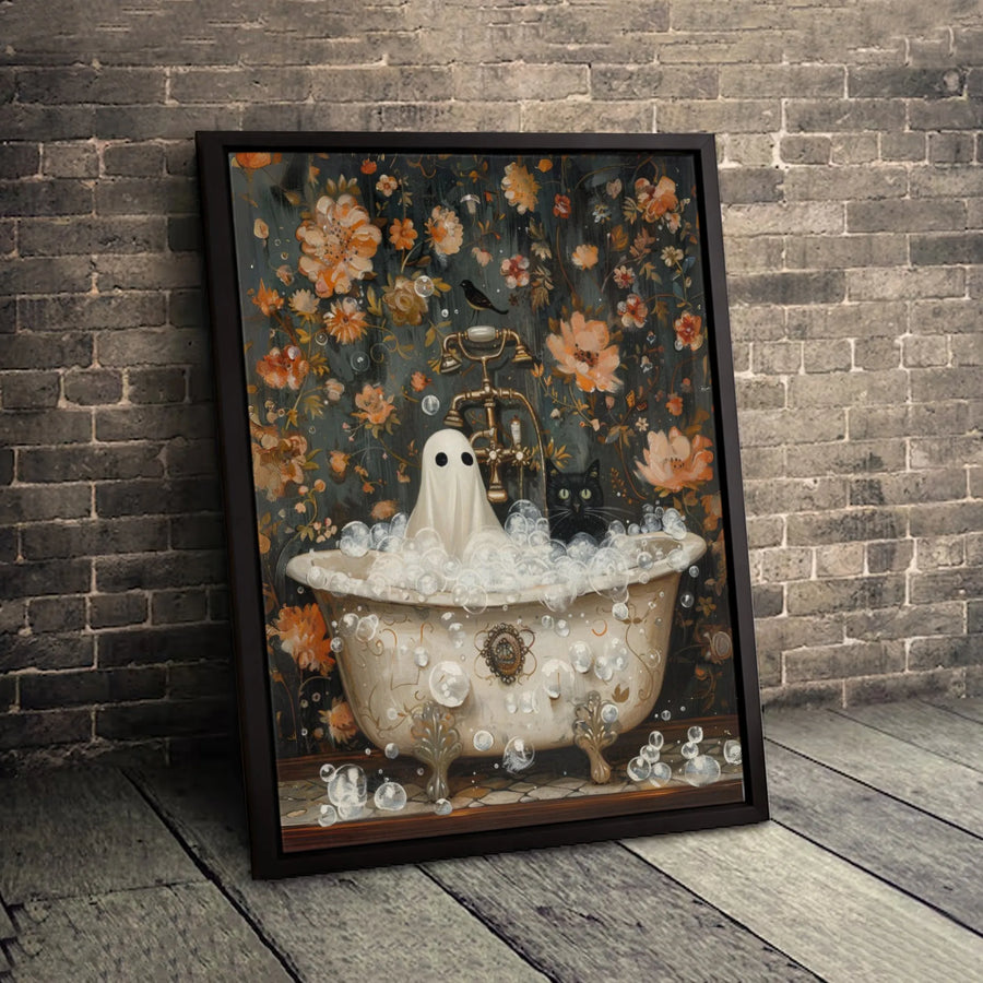 Ghost and Black Cat Canvas Art | Whimsical Bathtub Floral Print | Premium 1.25" Gallery Wrap | Spooky Gothic Home Decor Gift