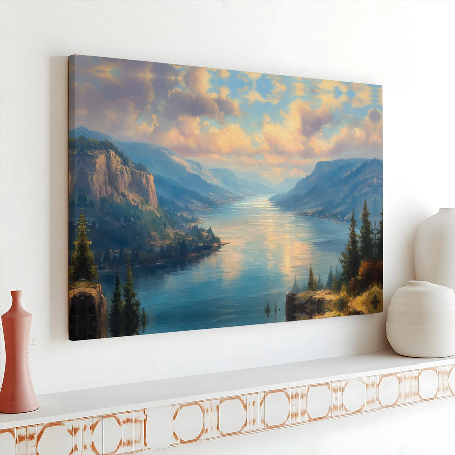 Mountain River Canvas Wall Art | Serene Fjord Landscape Painting | Premium Gallery Quality Canvas | Living Room Decor Gift