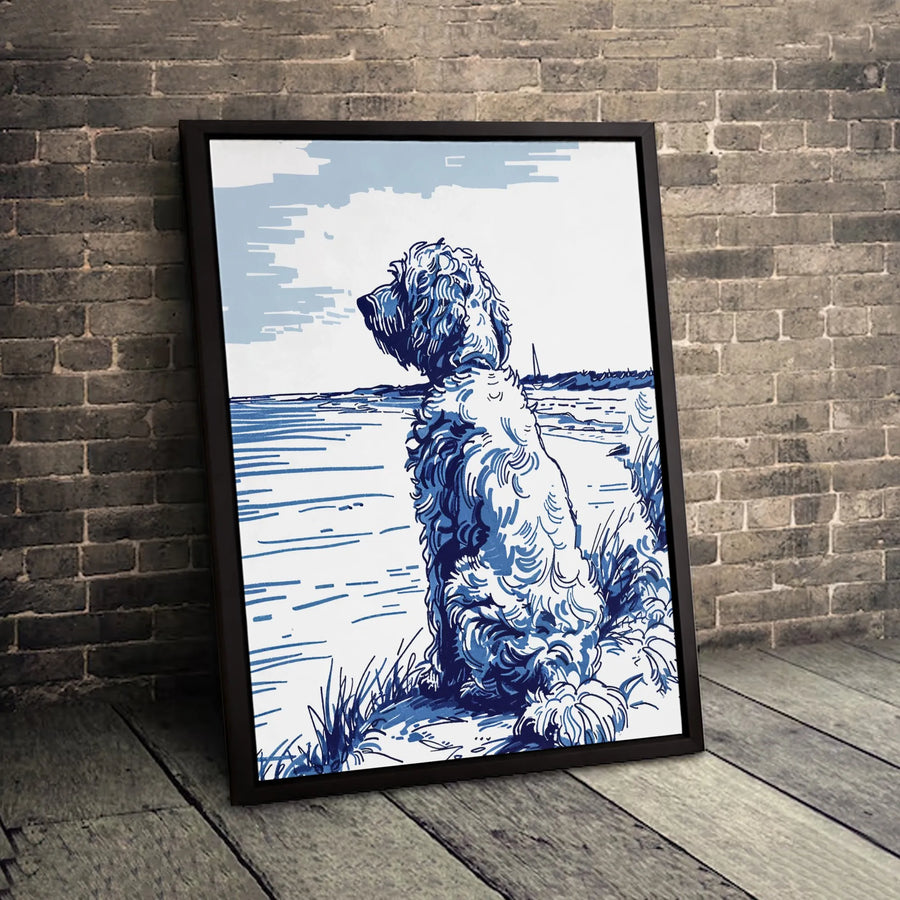 Coastal Doodle Dog Wall Art | Blue Line Art Nautical Decor | Premium Gallery-Wrapped Canvas | Gift for Dog Lovers & Beach House Decor