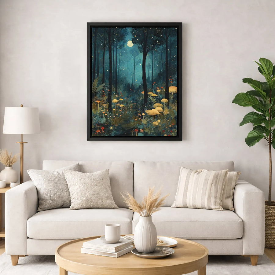 Enchanted Mushroom Forest Canvas | Whimsical Night Forest Art with Fireflies | Premium 1.25" Gallery Wrap | Nature Wall Decor Gift