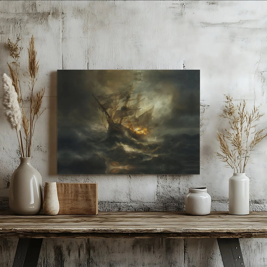 Sailing Ship Stormy Sea Canvas Wall Art | Moody Nautical Ocean Painting | Gallery Quality 1.25-inch Profile | Home & Office Decor Gift