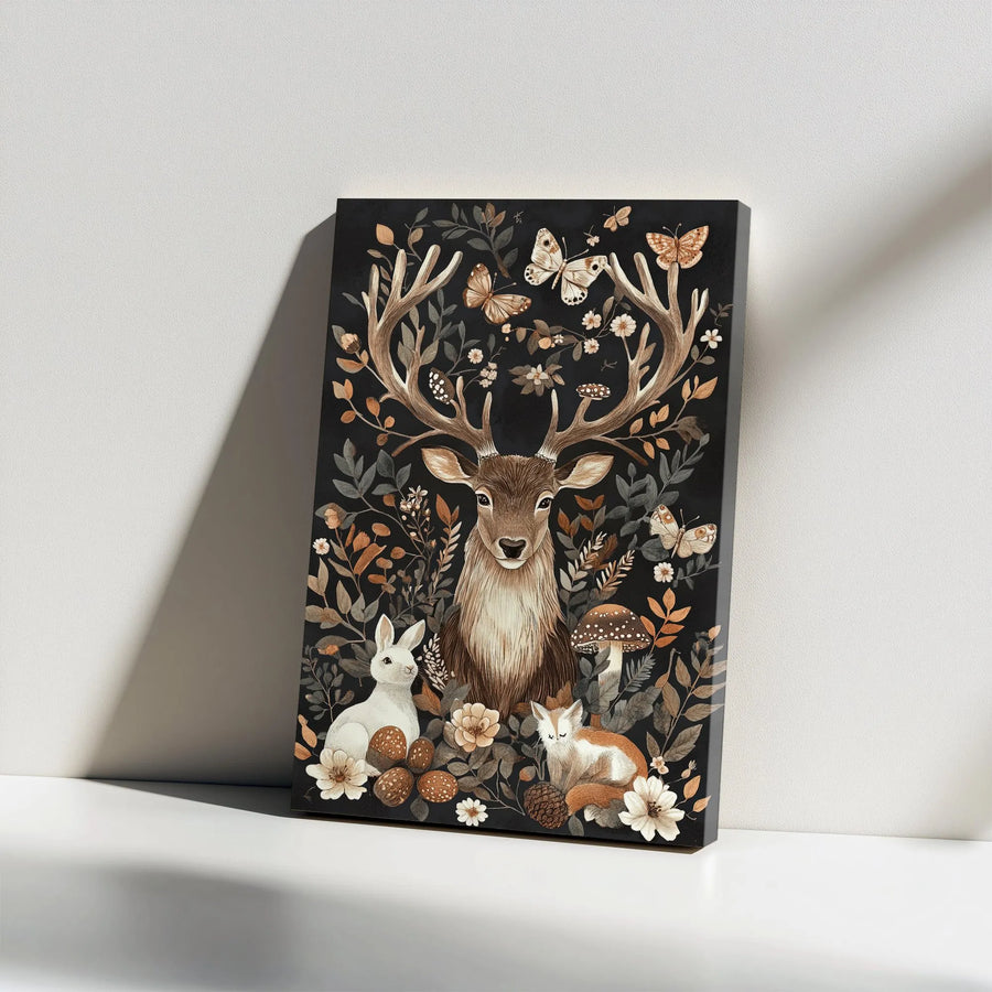 Woodland Deer Vertical Canvas | Forest Animals & Botanical Illustration | Premium Gallery Wrapped Canvas | Rustic Home Decor Gift