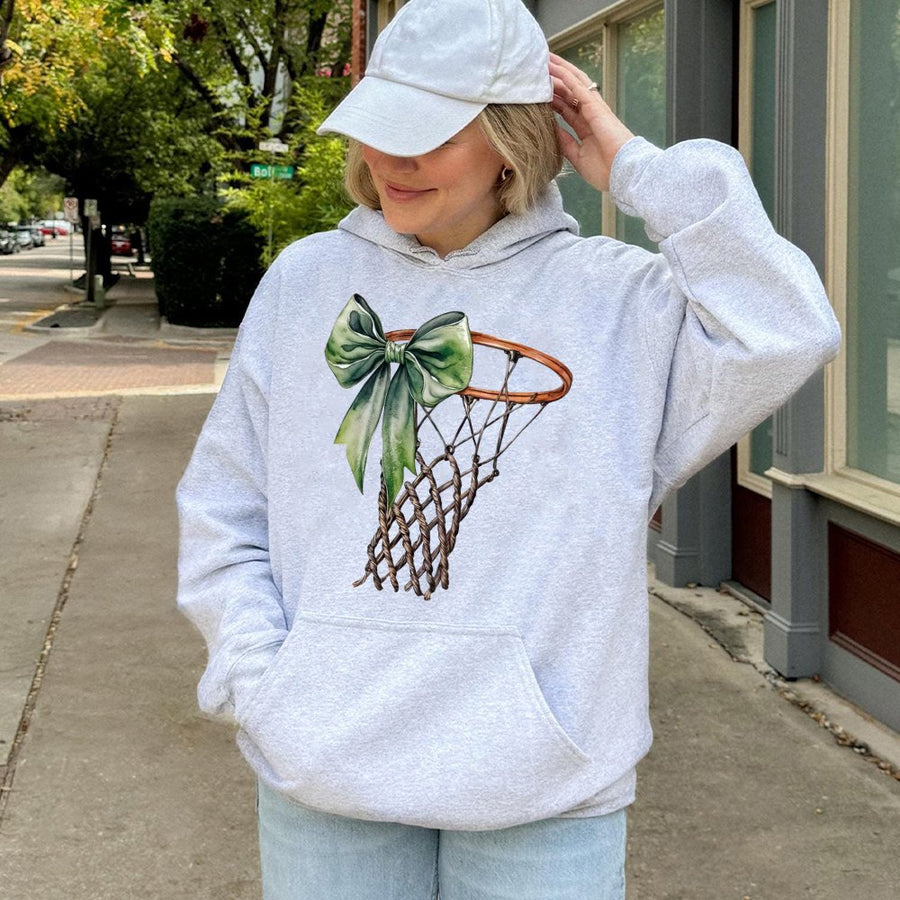 Basketball Mom Hoodie | Watercolor Hoop With Green Bow Design | Premium Cotton-Poly Blend | Game Day Apparel Gift for Basketball Fans