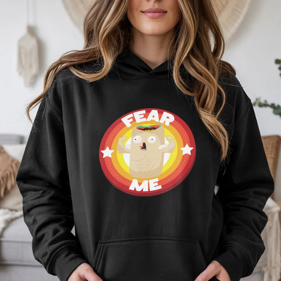 Fear Me Burrito Hoodie | Funny Muscular Flexing Food Graphic Tee | Soft Cotton | Novelty Gift for Gym Goers & Foodies