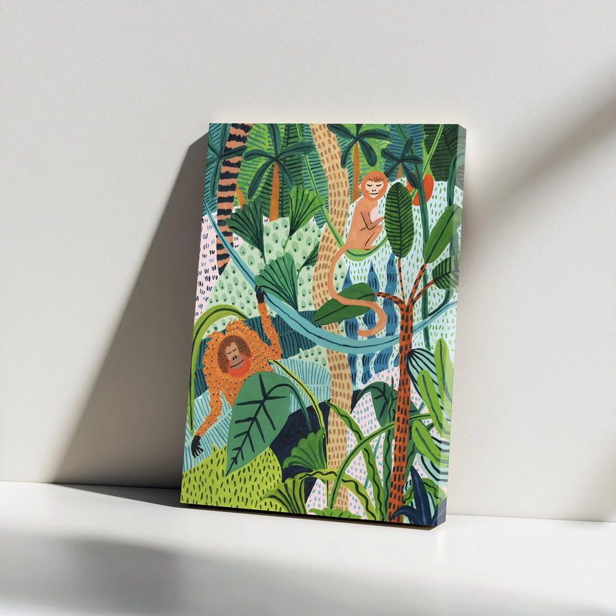 Jungle Monkey Canvas Print | Vibrant Rainforest Scene with Orangutan | Premium Gallery Wrapped Canvas | Modern Kids Room & Nursery Decor Gift
