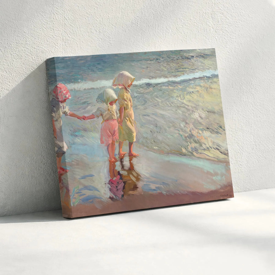 Vintage Beach Scene Canvas Print | Impressionist Painting of Children by the Sea | Premium Fade-Resistant Print | Coastal Home Decor Gift