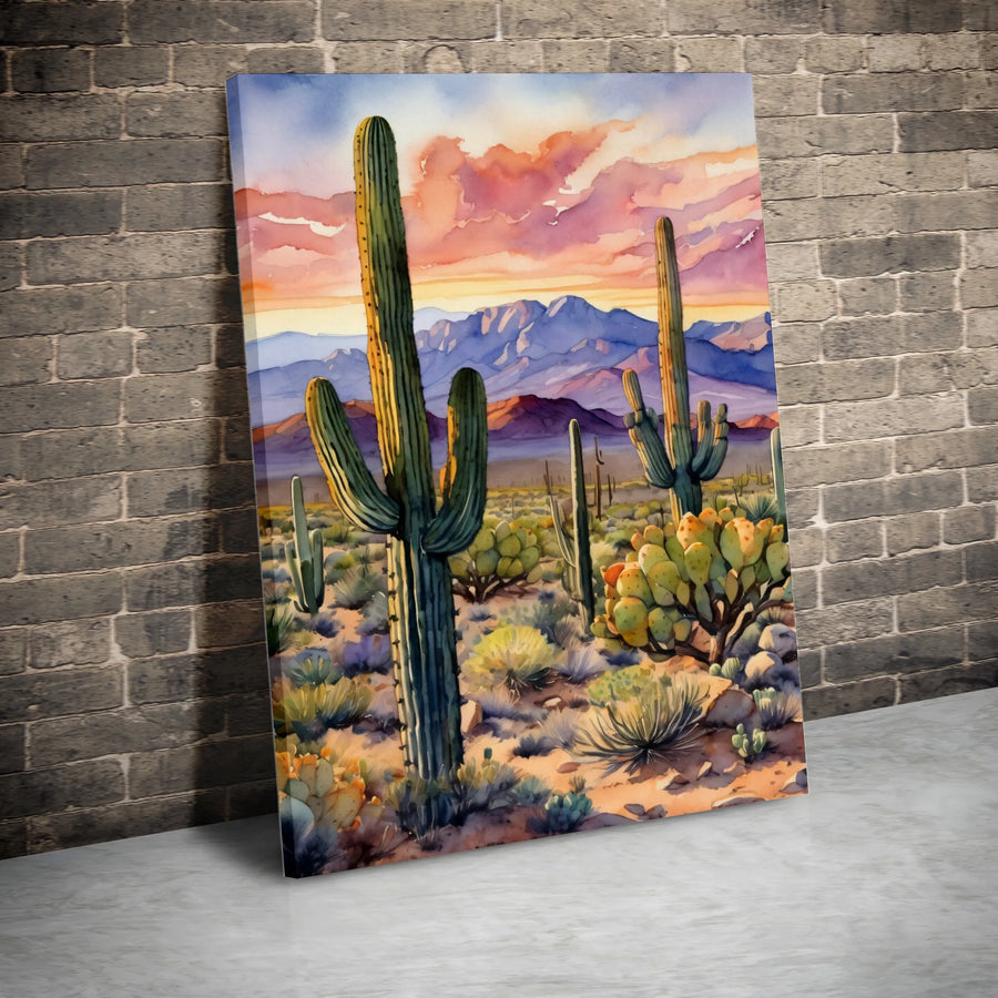 Sonoran Desert Cactus Vertical Canvas | Watercolor Arizona Landscape Art | Premium Gallery Wrapped Print | Southwestern Home Decor Gift