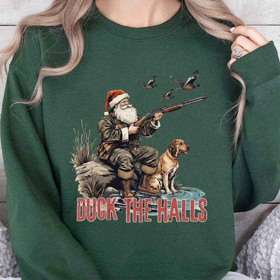 Duck The Halls Hunting Santa Sweatshirt | Funny Christmas Duck Hunter Graphic | Premium Cotton Blend | Gift for Him and Outdoor Enthusiasts
