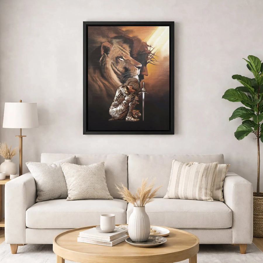 Religious Canvas Wall Art | Kneeling Knight with Lion and Jesus Portrait | 1.25 Inch Gallery Wrap | Christian Home Decor Gift