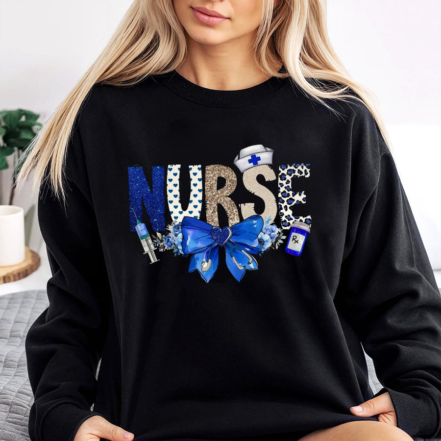 Nurse Sweatshirt | Blue Coquette Aesthetic Bow & Medical Graphics | Premium Cotton Blend | Gift for Nursing Student or RN Graduation