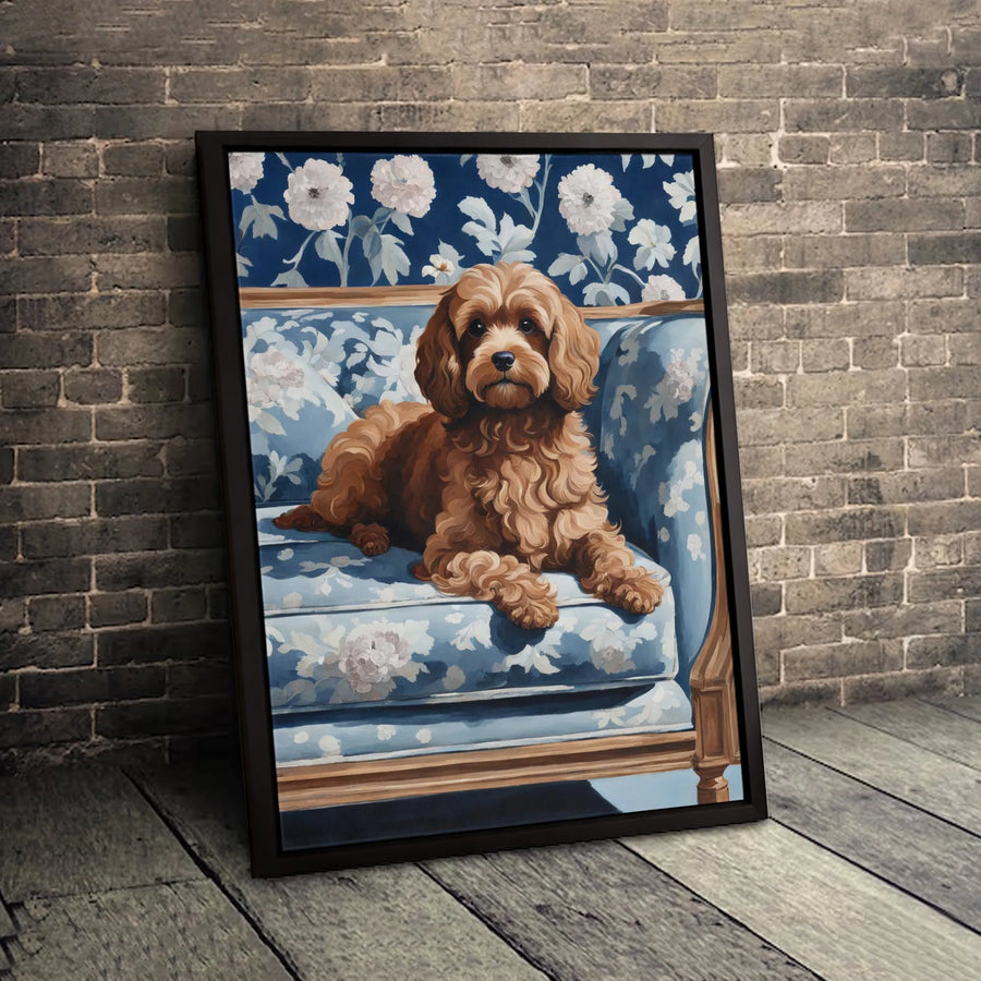 Cockapoo Dog Wall Art | Floral Sofa Portrait Painting | Gallery Wrapped Premium Canvas | Gift for Dog Lovers and Home Decor Enthusiasts