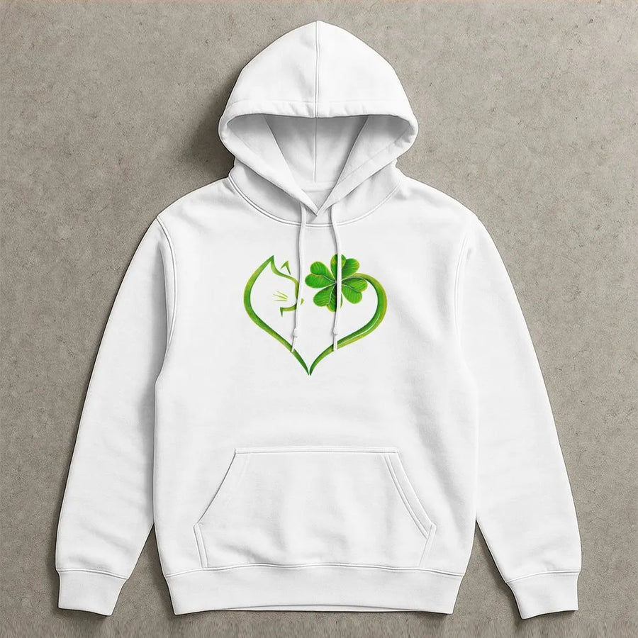 St Patricks Day Cat Hoodie | Clover Heart Graphic Design | Premium Cotton Blend | Lucky Irish Gift for Cat Lovers