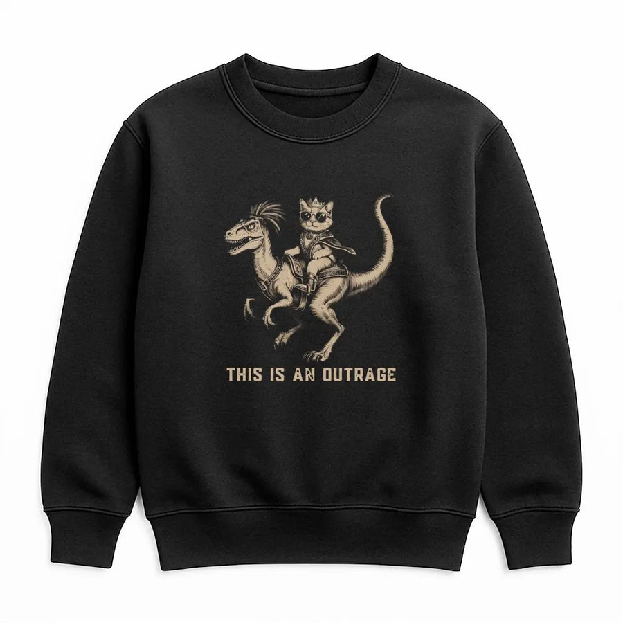 Funny Cat Riding Dinosaur Sweatshirt | This Is An Outrage Graphic Print | Premium Cotton Blend Crewneck | Fantasy Book Lover Gift For Readers