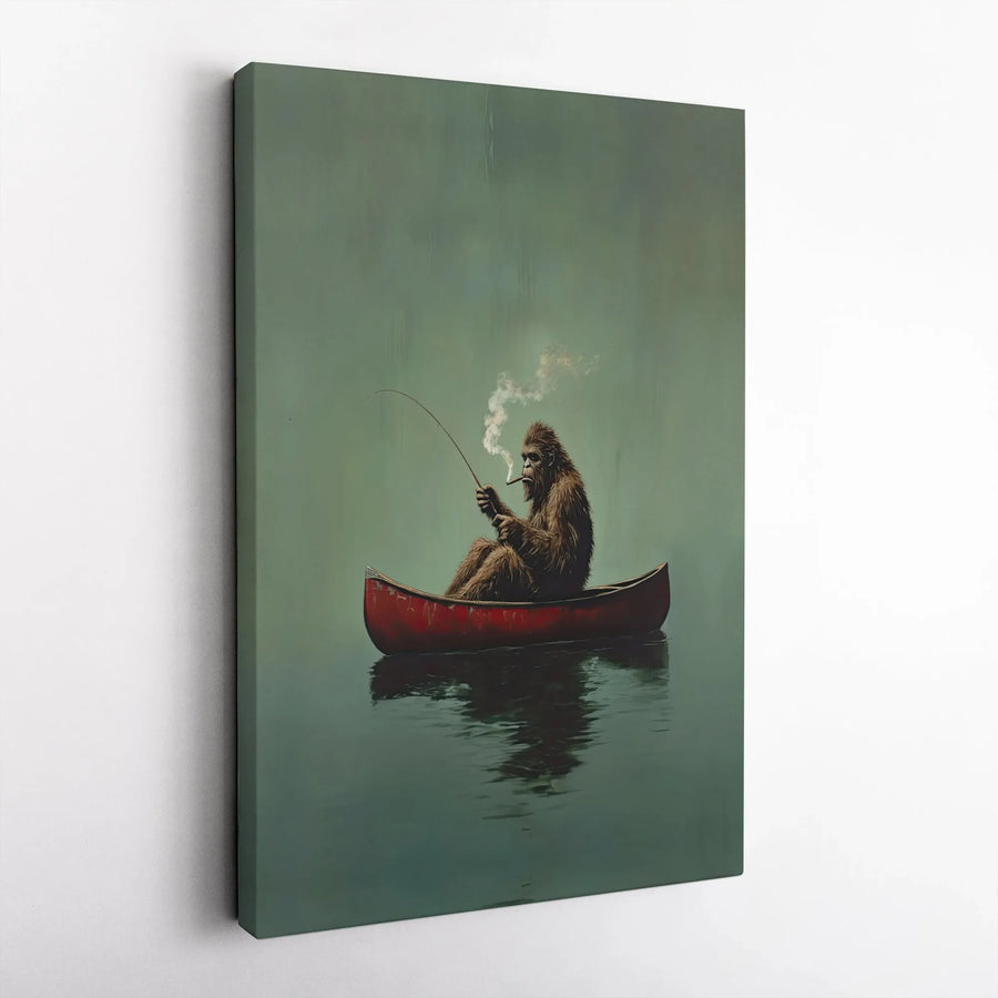 Bigfoot Fishing in Canoe Wall Art | Funny Sasquatch Smoking Cigar Print | Premium Gallery Wrapped Canvas | Rustic Cabin Decor Gift for Him