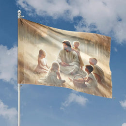 Jesus with Children House Flag | Inspirational Religious Art | Premium Weather Resistant Fabric | Christian Home Decor Gift